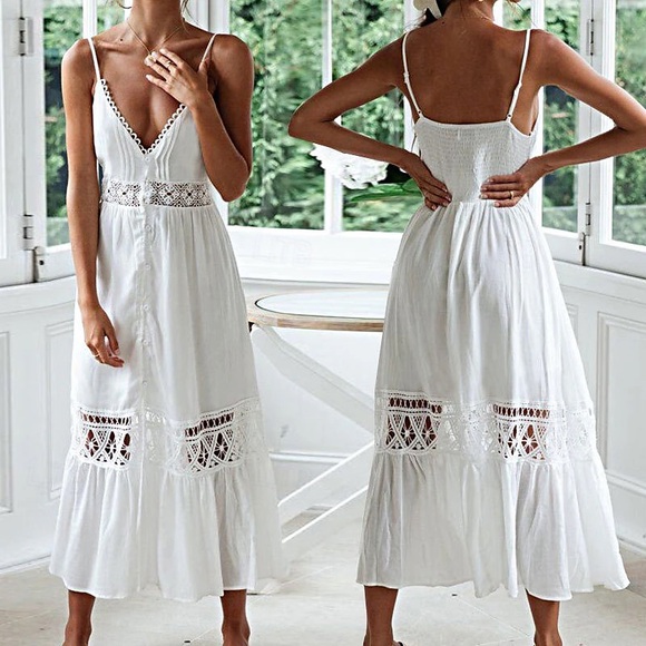 Elegant White Maxi Dress with Lace Details boho - Picture 3 of 10